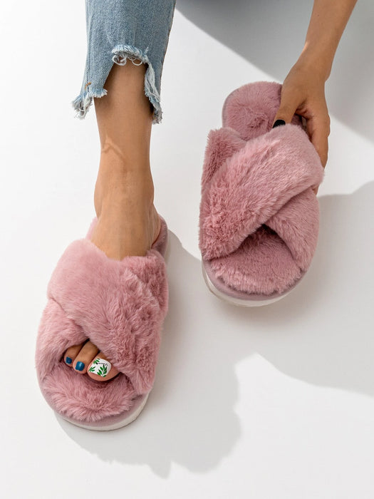 Fluffy Cross Strap Bedroom Slippers