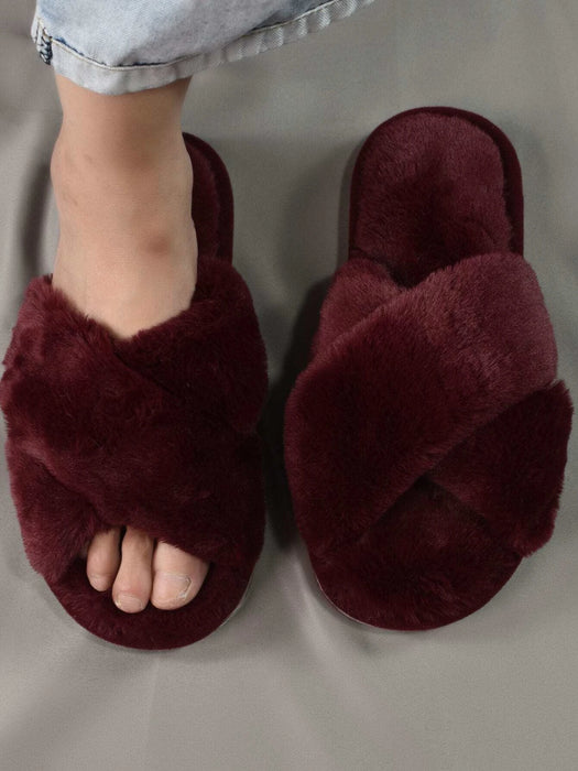 Fluffy Cross Strap Bedroom Slippers